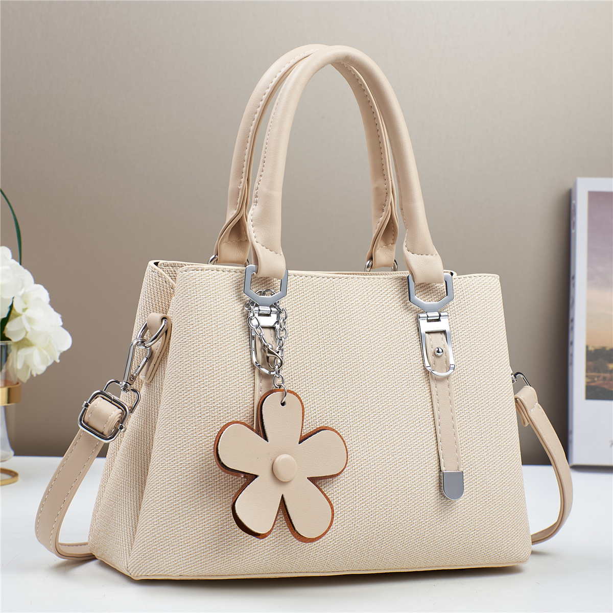 Womens Fashionable Textured Handbag with Flower Charm